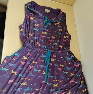 Lindy Bop Whimsical Purple Horse Print Dress with Teal Ties Size 14